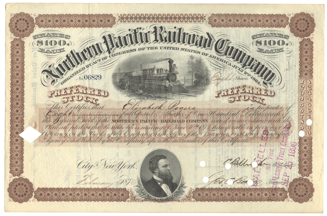 Northern Pacific Railroad Company stock certificate from 1876
