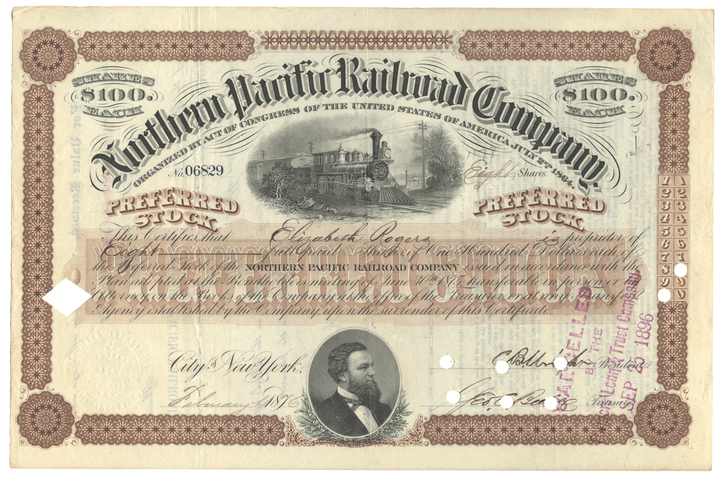 Northern Pacific Railroad Company stock certificate from 1876