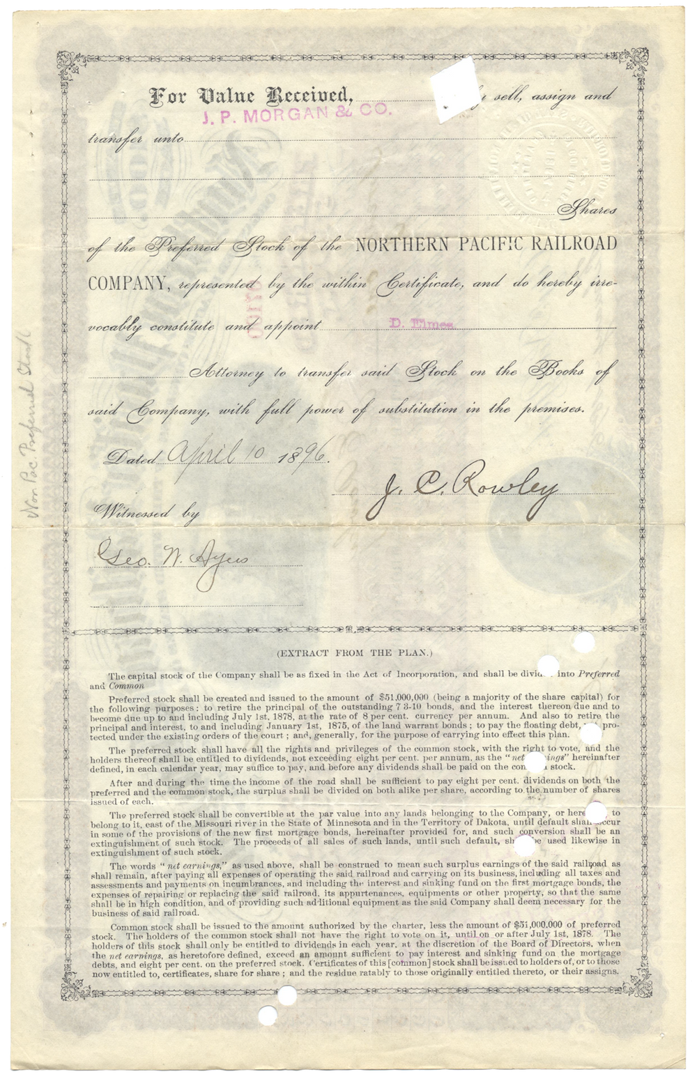 Northern Pacific Railroad Company Stock Certificate