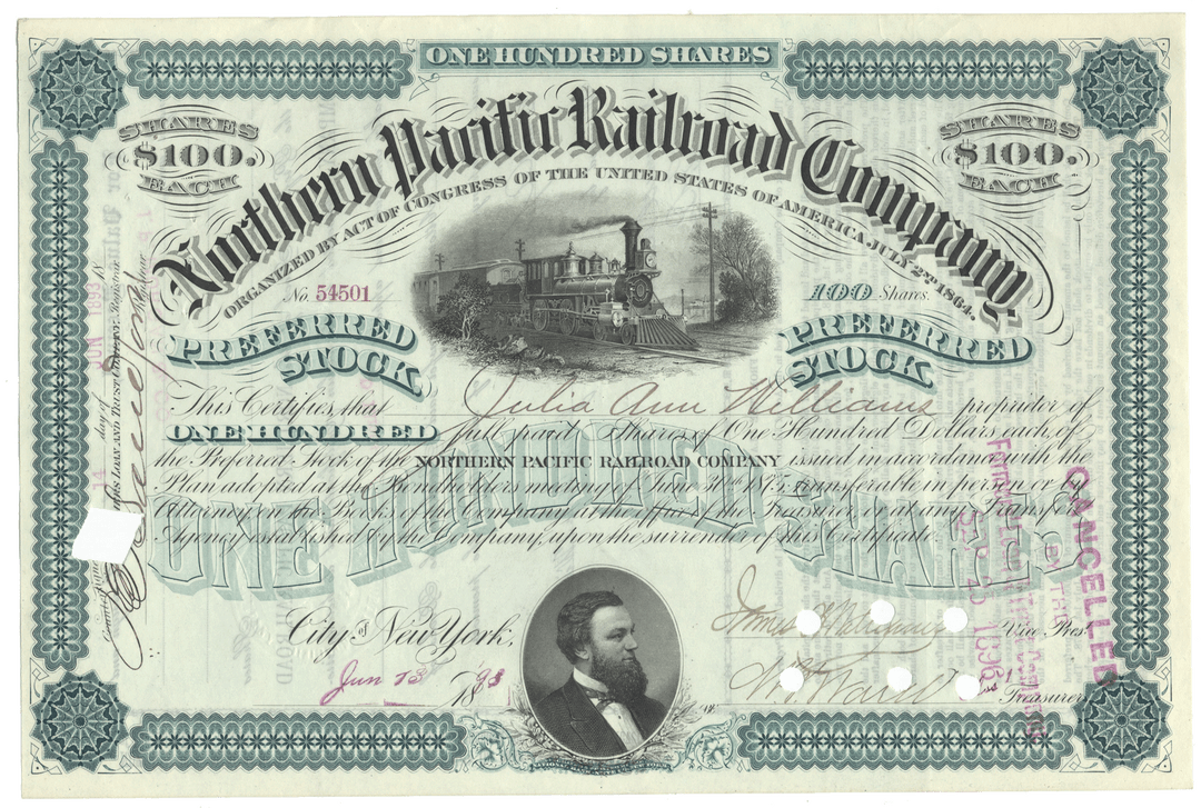Northern Pacific Railroad Company stock certificate with train illustration from 1893