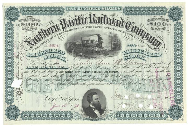 Northern Pacific Railroad Company stock certificate with train illustration from 1893