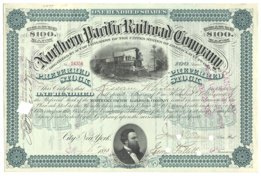 Northern Pacific Railroad Company stock certificate with a steam locomotive illustration from 1898