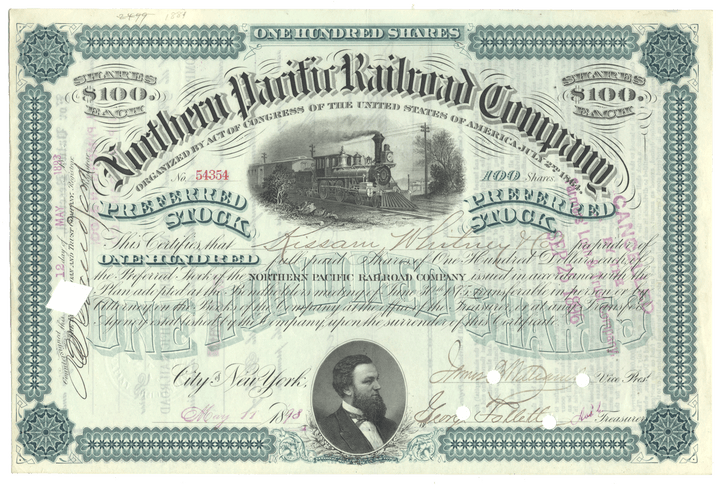 Northern Pacific Railroad Company stock certificate with a steam locomotive illustration from 1898