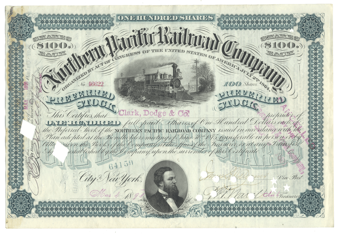 An antique Northern Pacific Railroad Company stock certificate from 1891
