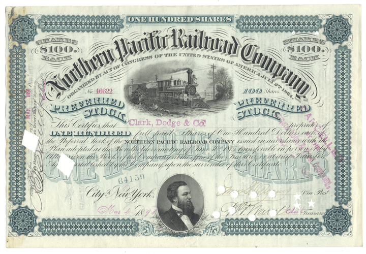An antique Northern Pacific Railroad Company stock certificate from 1891
