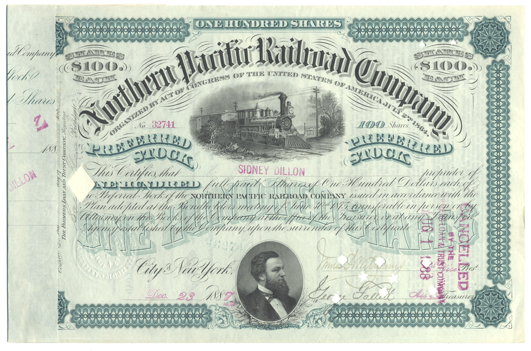 Vintage stock certificate for the Northern Pacific Railroad Company with a steam locomotive illustration from 1887