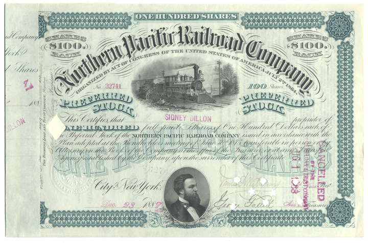 Vintage stock certificate for the Northern Pacific Railroad Company with a steam locomotive illustration from 1887