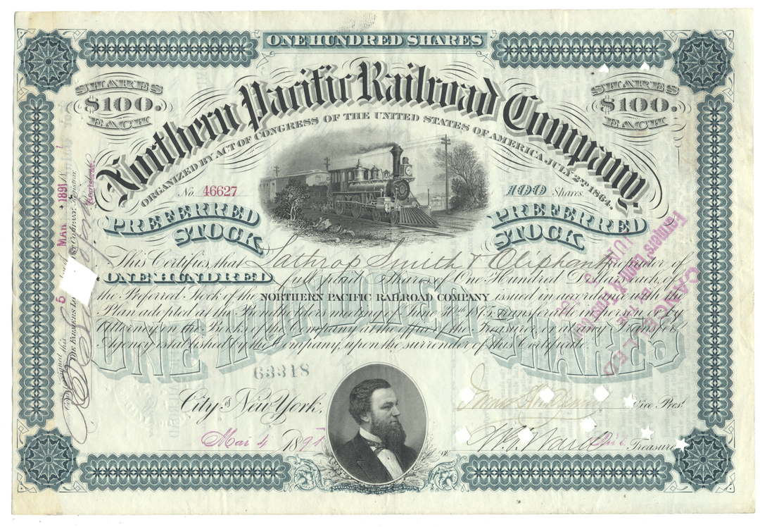 An antique Northern Pacific Railroad Company stock certificate from 1891