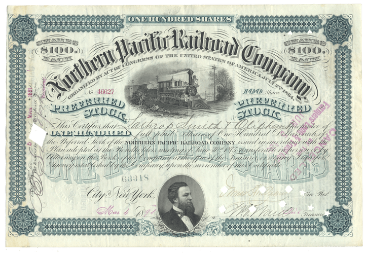 An antique Northern Pacific Railroad Company stock certificate from 1891