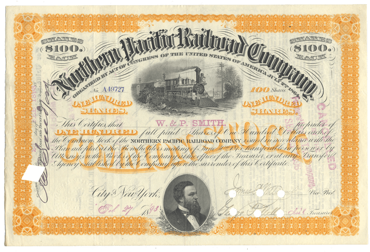 An antique Northern Pacific Railroad Company stock certificate from 1893