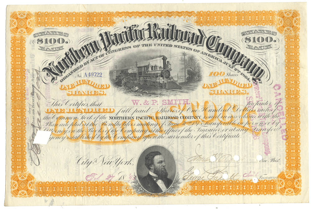 An antique Northern Pacific Railroad Company stock certificate from 1893
