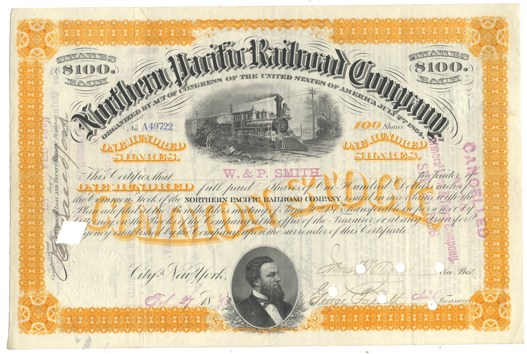 An antique Northern Pacific Railroad Company stock certificate from 1893