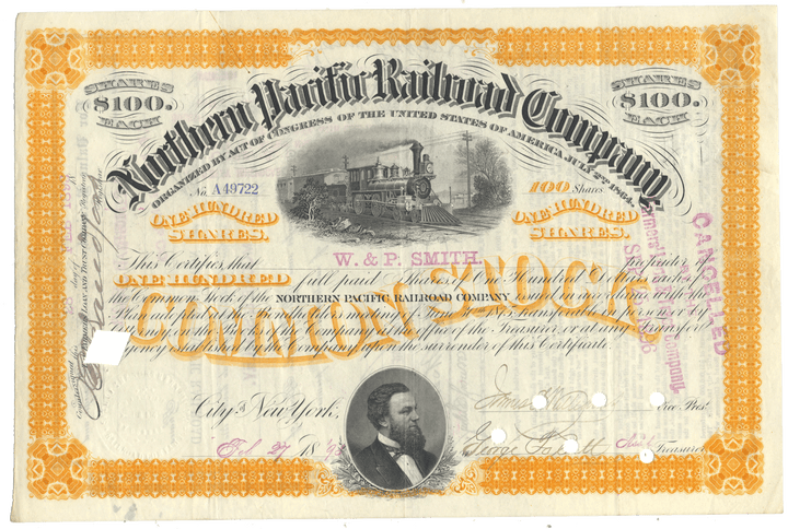 An antique Northern Pacific Railroad Company stock certificate from 1893