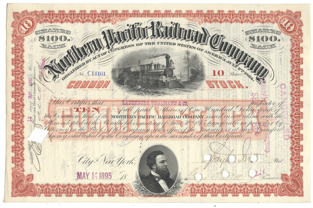 A vintage 1895 Northern Pacific Railroad Company stock certificate