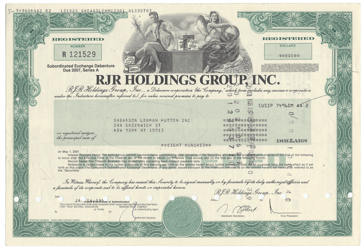 RJR Holdings Group, Inc. stock certificate with green and white design