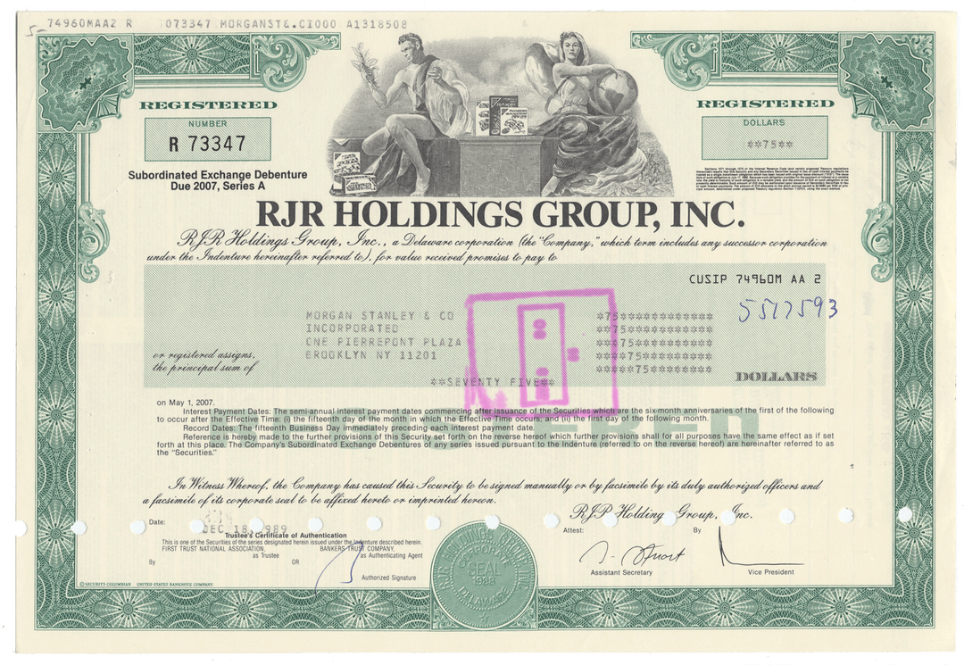 RJR Holdings Group, Inc. stock certificate with decorative elements