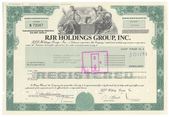 RJR Holdings Group, Inc. stock certificate with decorative elements