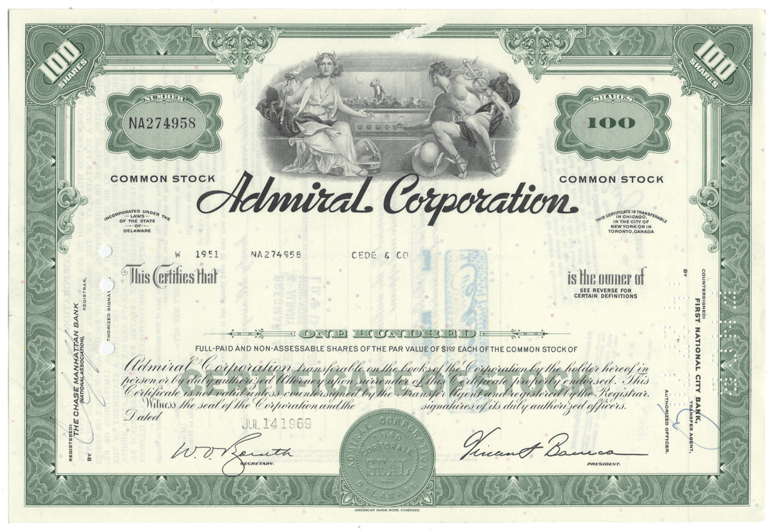 Vintage stock certificate of Admiral Corporation with decorative elements and text.