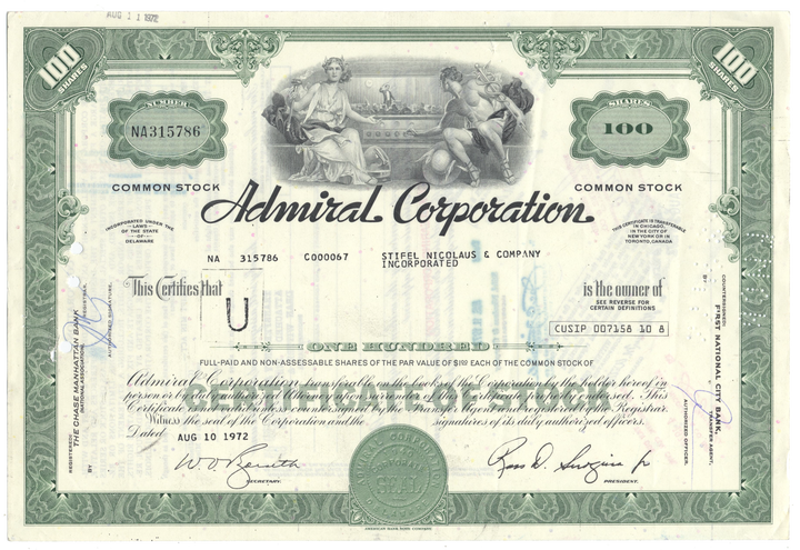 Admiral Corporation Stock Certificate