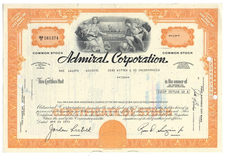 Admiral Corporation Stock Certificate