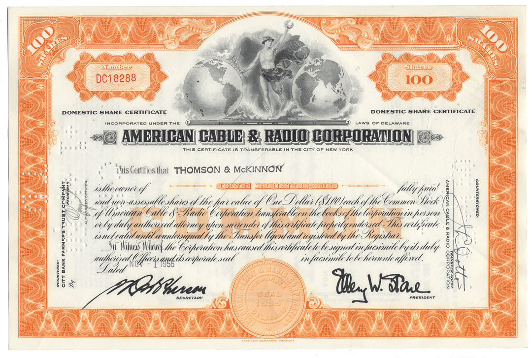 American Cable & Radio Corporation stock certificate with decorative elements