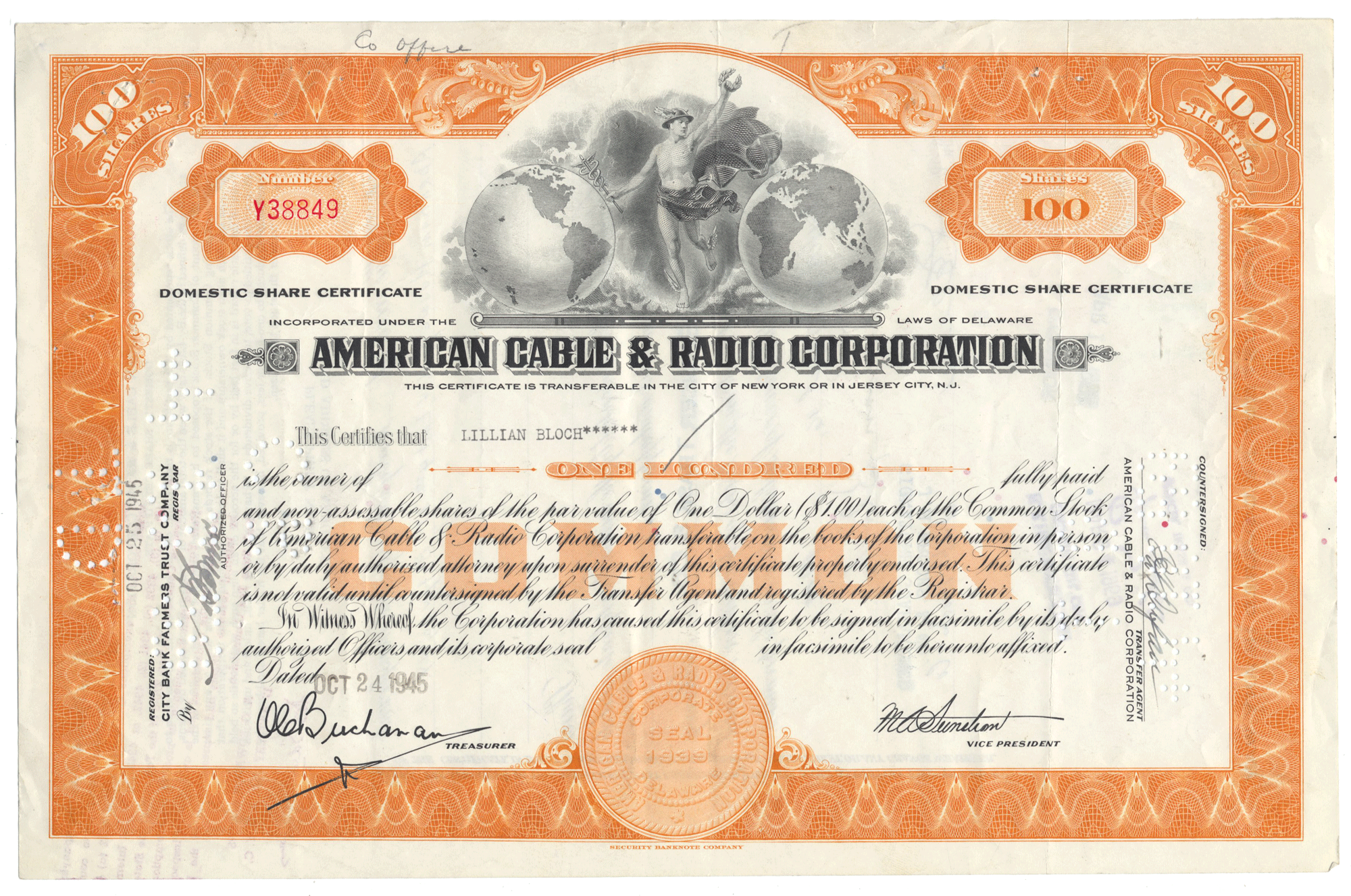 Stock certificate of American Cable & Radio Corporation with decorative elements and text.