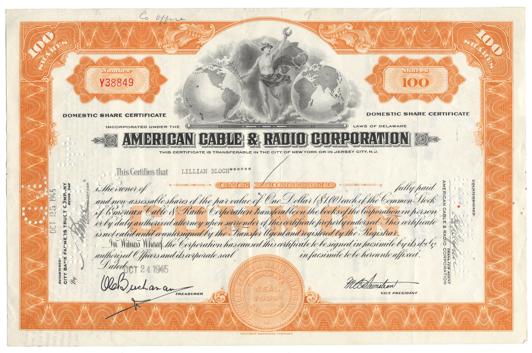 Stock certificate of American Cable & Radio Corporation with decorative elements and text.