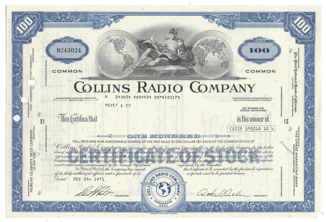 Collins Radio Company stock certificate from 1971