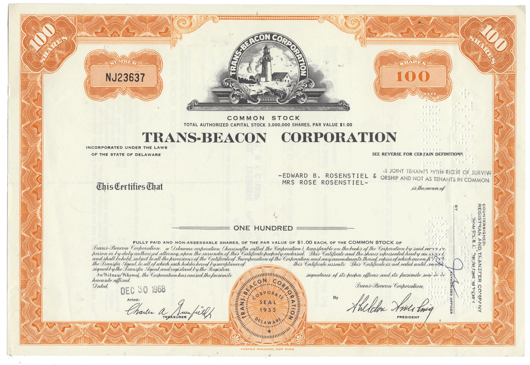A vintage Trans-Beacon Corporation stock certificate from 1968