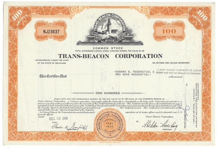 A vintage Trans-Beacon Corporation stock certificate from 1968