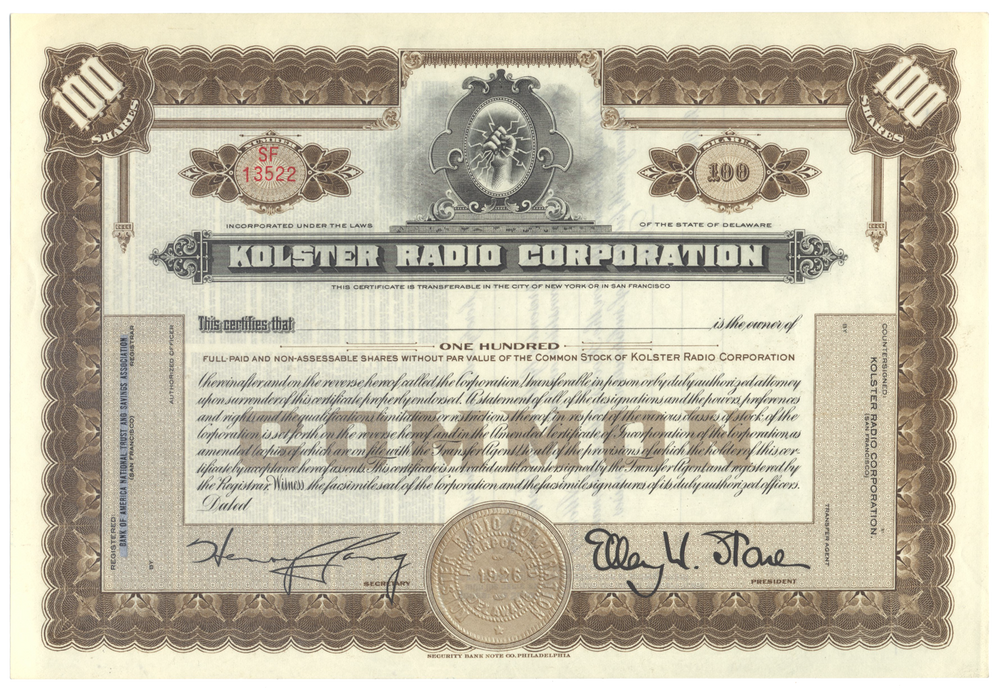 Kolster Radio Corporation Stock Certificate