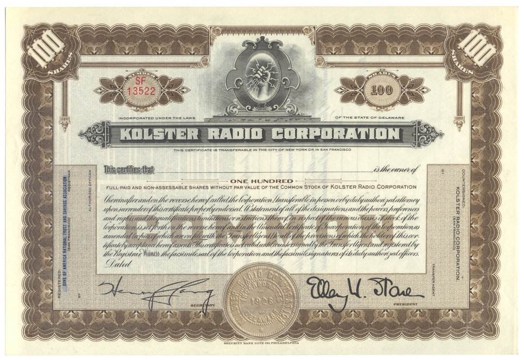 Kolster Radio Corporation Stock Certificate