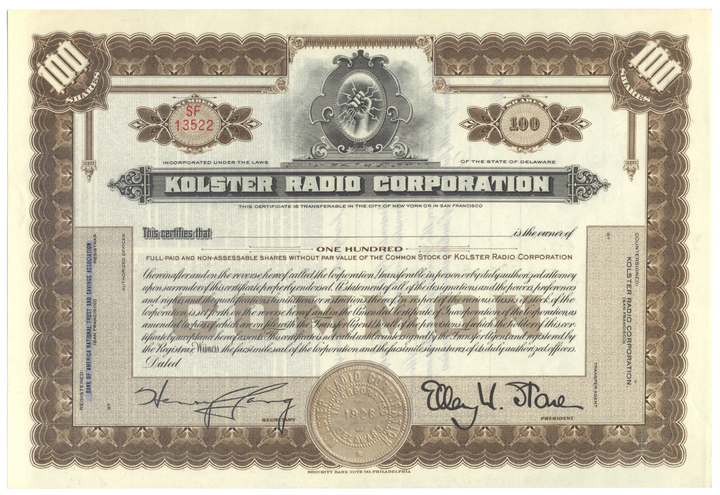 Kolster Radio Corporation Stock Certificate