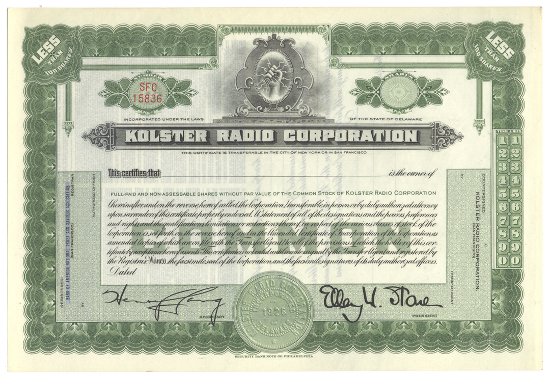 Kolster Radio Corporation Stock Certificate