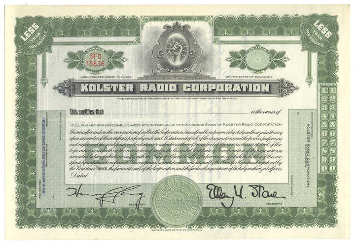 Kolster Radio Corporation Stock Certificate