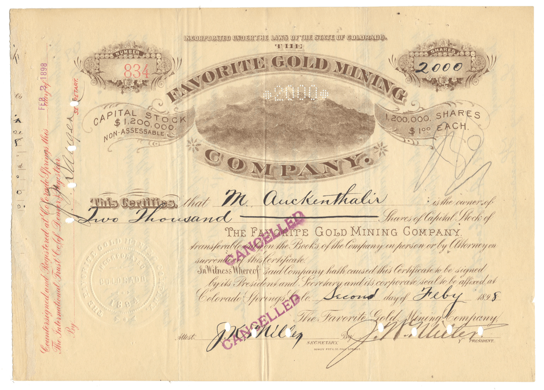 Vintage stock certificate for The Favorite Gold Mining Company with decorative elements from 1898