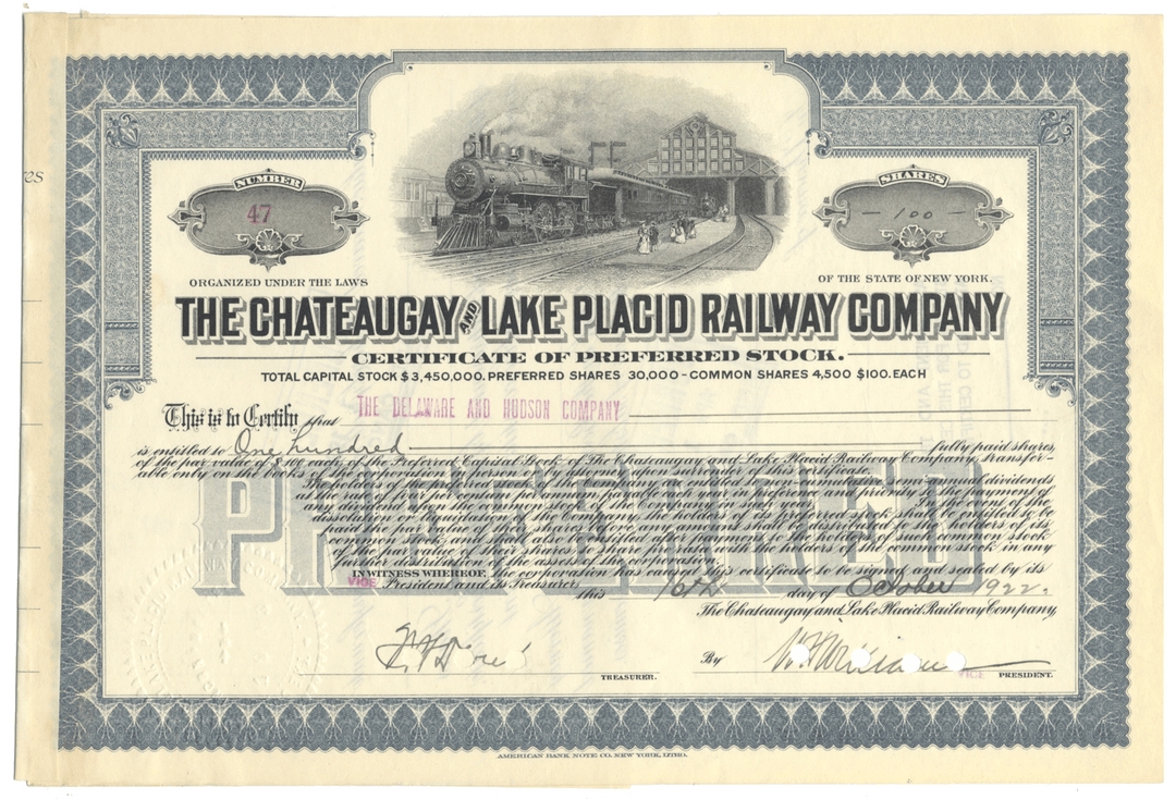 Chateaugay and Lake Placid Railway Company Stock Certificate