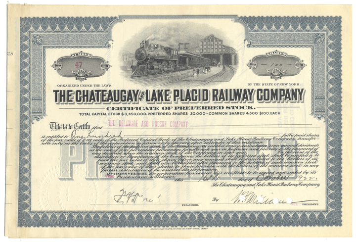 Chateaugay and Lake Placid Railway Company Stock Certificate