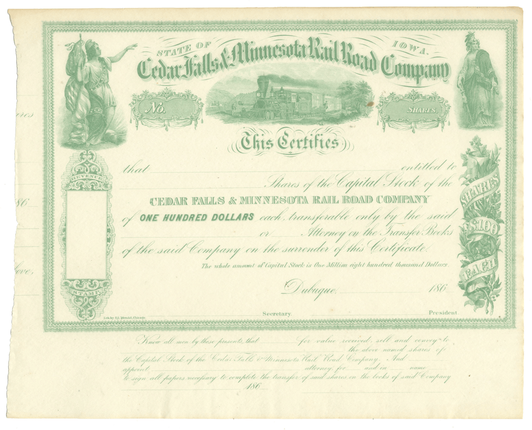 Vintage stock certificate for Cedar Falls & Minnesota Railroad Company circa 1860's