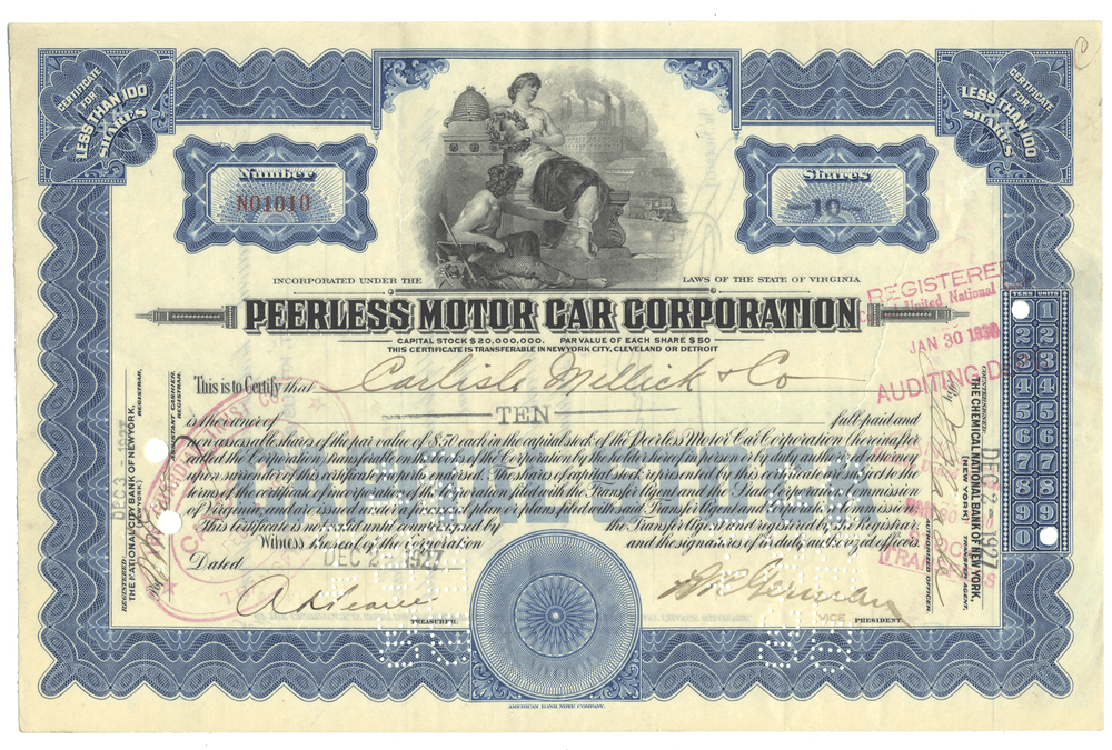 Vintage stock certificate of the Peerless Motor Car Corporation with decorative elements and text.