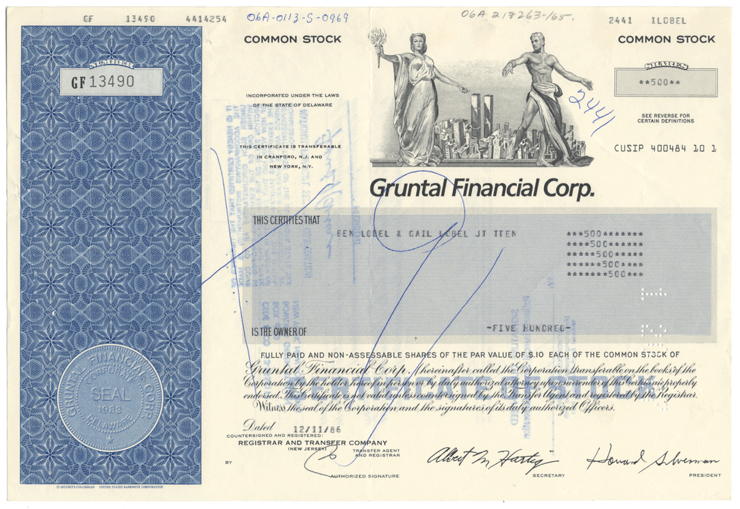 Gruntal Financial Corp. Stock Certificate