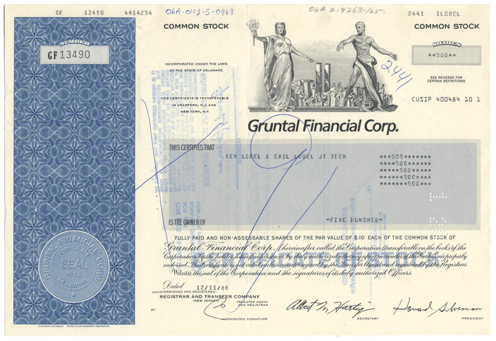 Gruntal Financial Corp. Stock Certificate