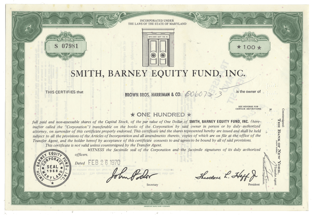 Vintage stock certificate for Smith Barney Equity Fund, Inc. from 1970