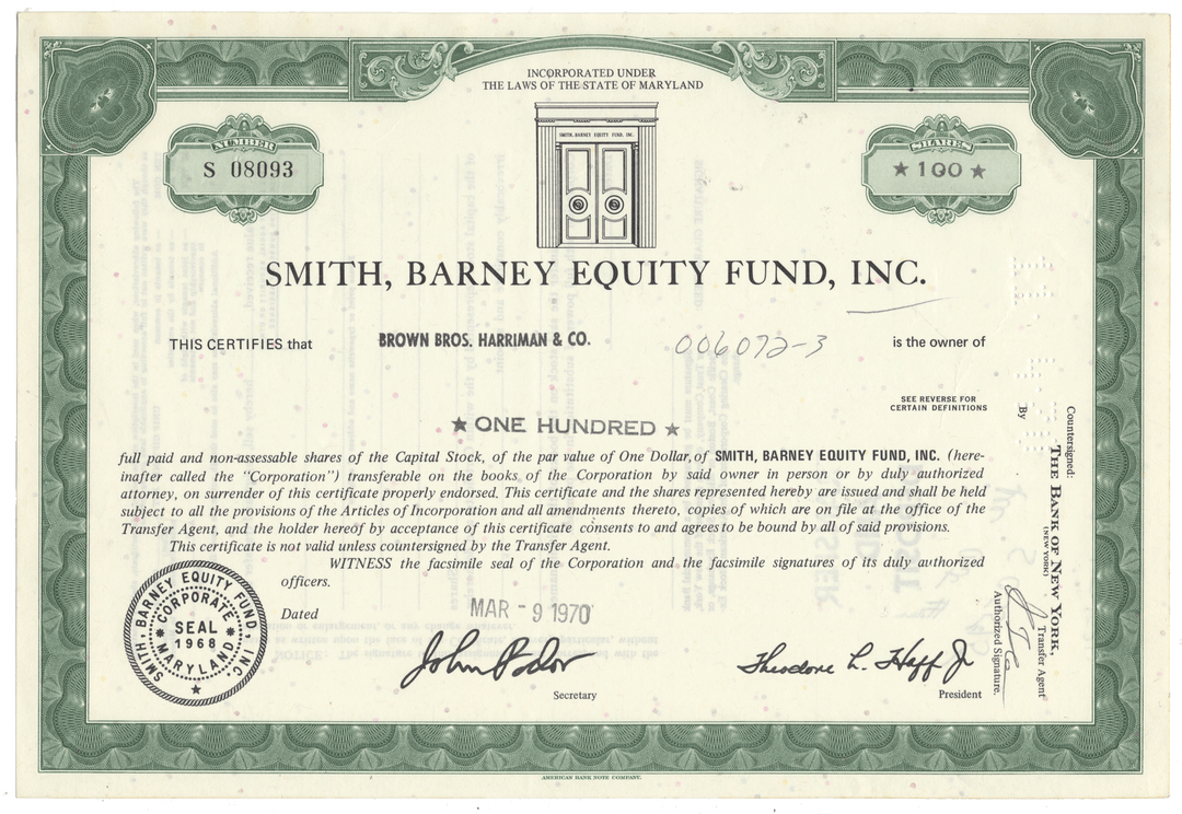 A vintage stock certificate from Smith, Barney Equity Fund, Inc. from 1970