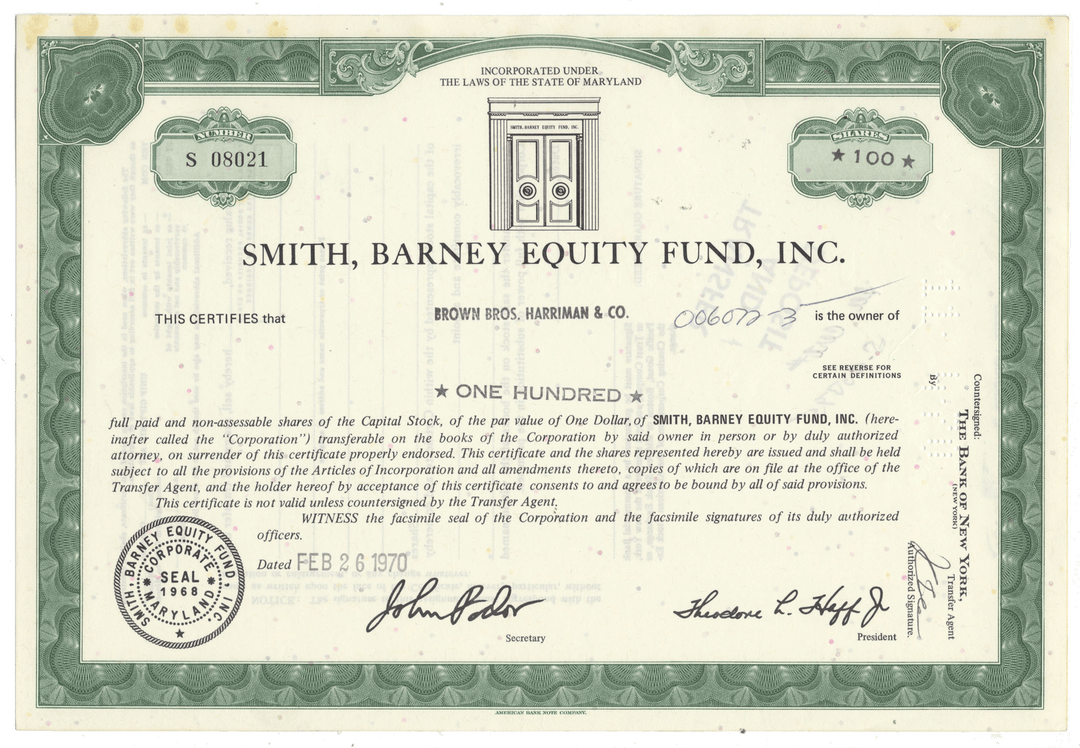 A vintage stock certificate from Smith, Barney Equity Fund, Inc. from 1970