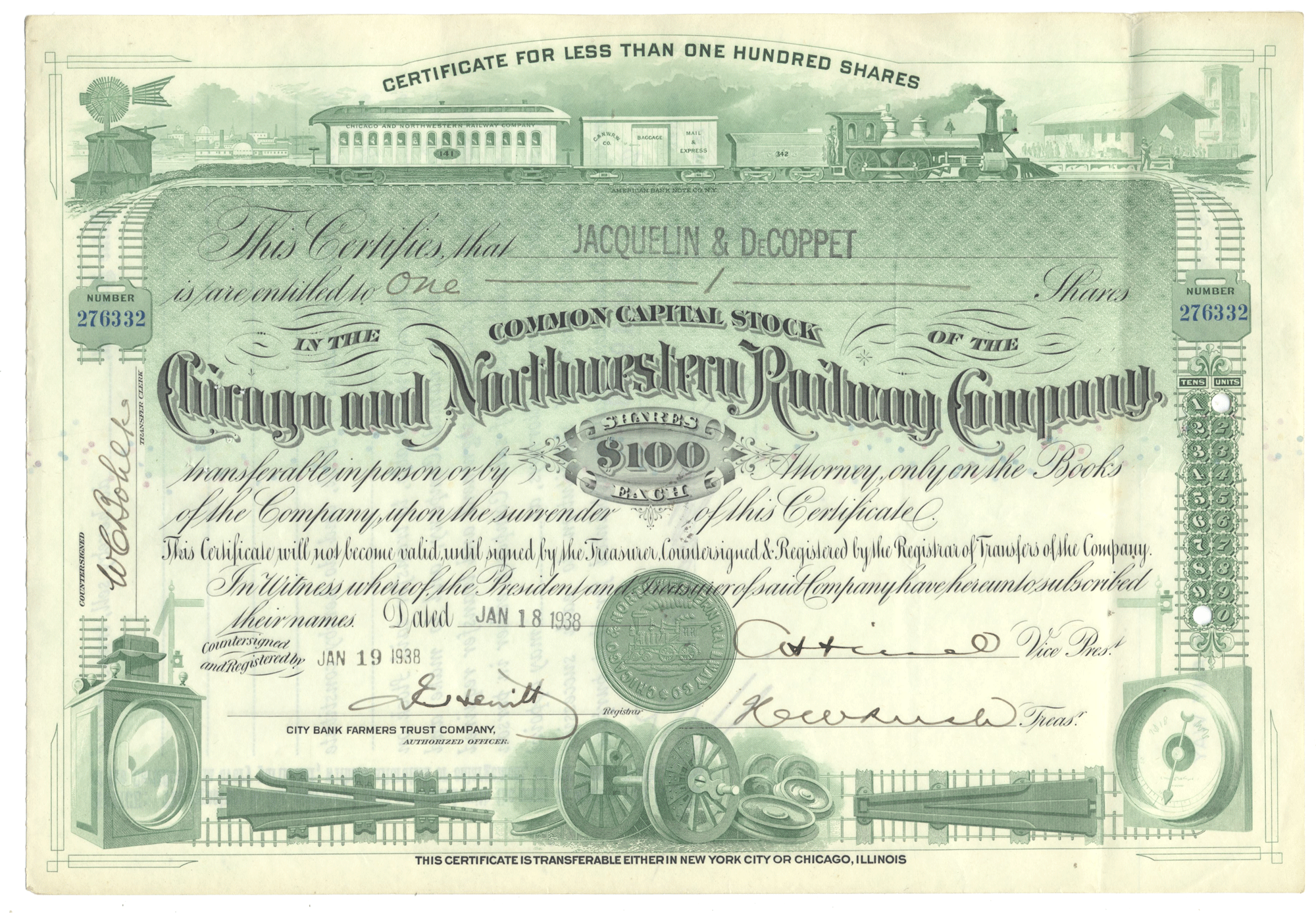 Historical stock certificate for the Chicago and Northwestern Railway Company with numerous train graphics dated 1938