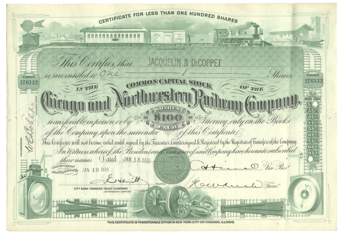 Historical stock certificate for the Chicago and Northwestern Railway Company with numerous train graphics dated 1938