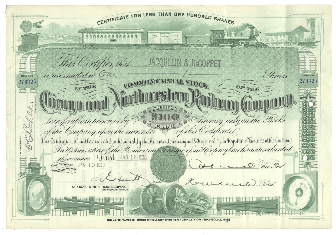 Historical stock certificate for the Chicago and Northwestern Railway Company with numerous train graphics dated 1938