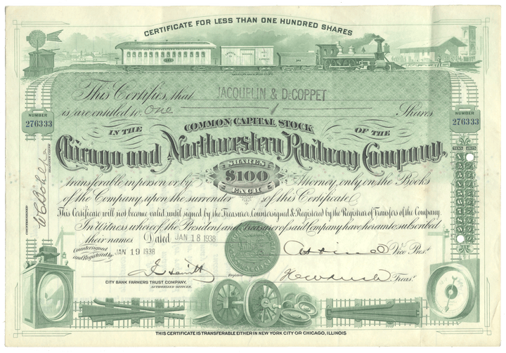 Historical stock certificate of the Chicago and Northwestern Railway Company with train graphics.