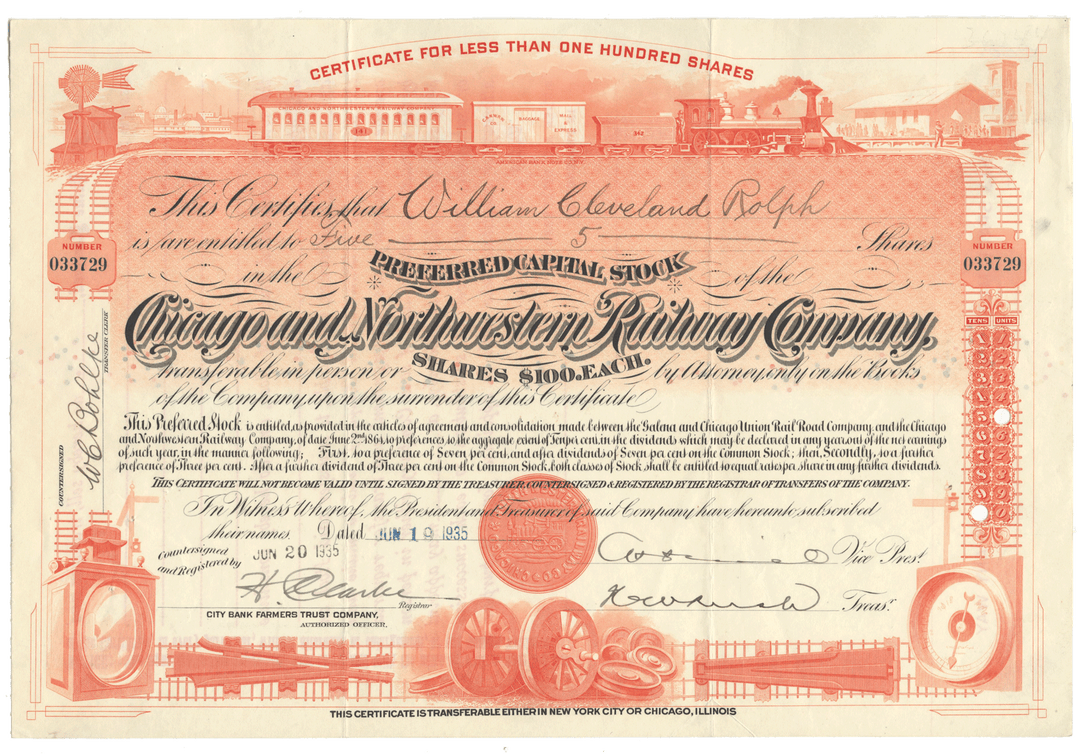 Vintage stock certificate for the Chicago and Northwestern Railway Company.